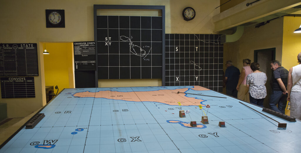 An interior shot of the Lascaris War Rooms, showing a large map of Malta and Southern Italy.