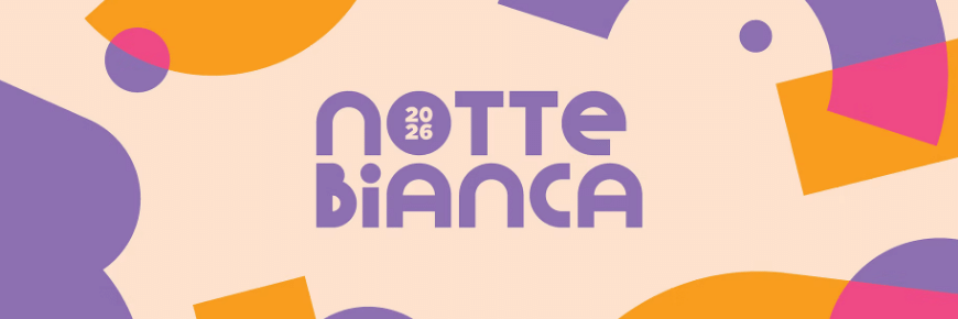 A graphic with the words “NOTTE BIANCA 2026” in bold purple lettering on a light beige background, with the number “2026” placed inside the letter O. Abstract purple and orange geometric shapes frame the design.