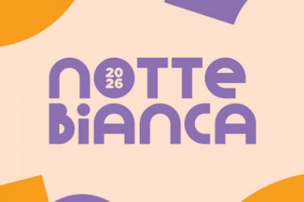 A graphic with the words “NOTTE BIANCA 2026” in bold purple lettering on a light beige background, with the number “2026” placed inside the letter O. Abstract purple and orange geometric shapes frame the design.